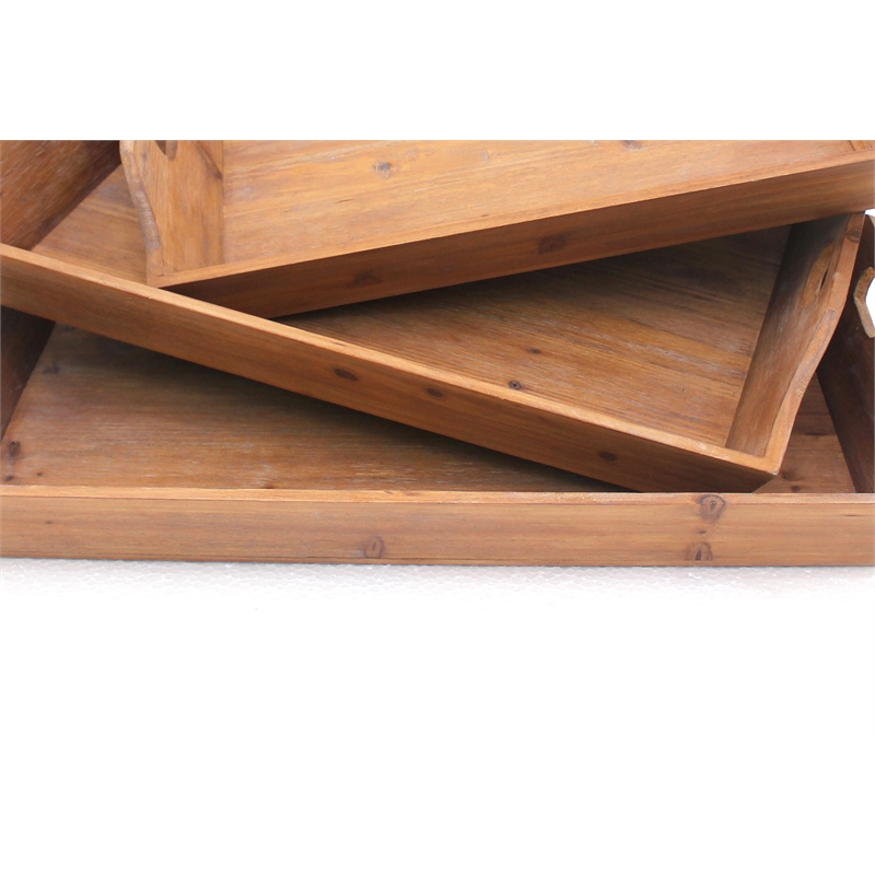 Benjara Rectangular Wooden Serving Tray with Cut Out Handles (Set of 3)- Brown