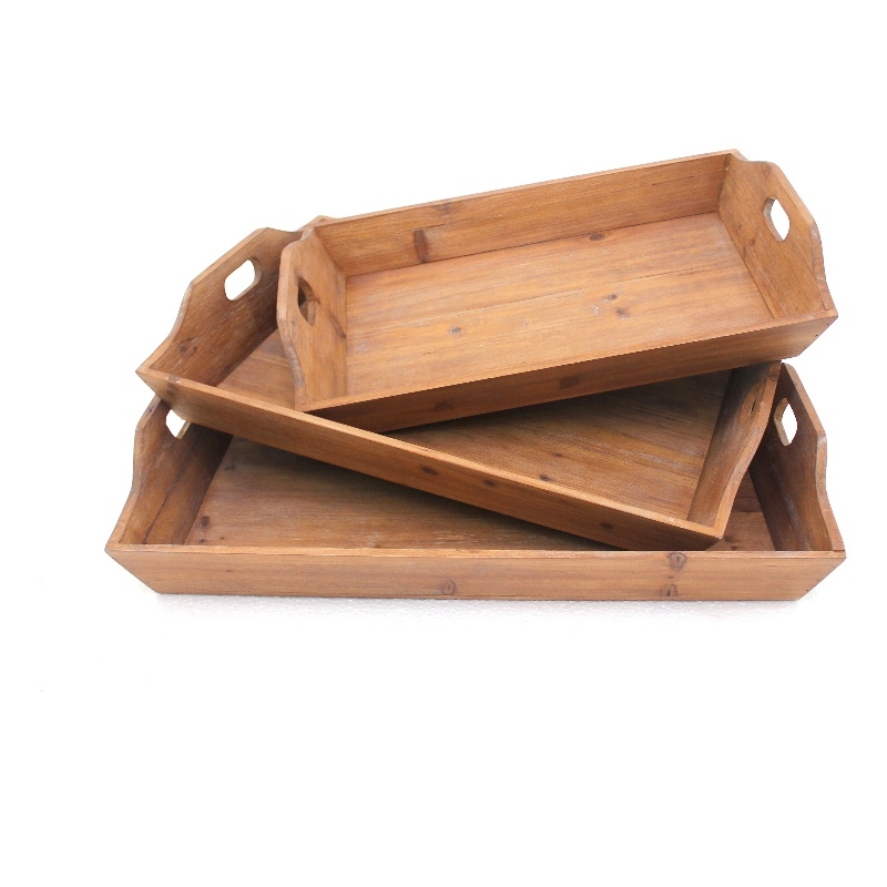 Benjara Rectangular Wooden Serving Tray with Cut Out Handles (Set of 3)- Brown