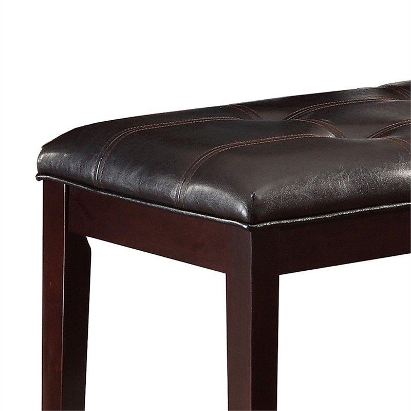 Benjara Button Tufted Faux Leather Upholstered Wooden Bench- Espresso Brown