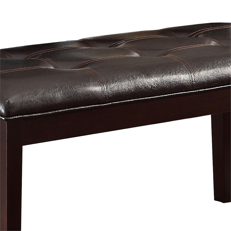 Benjara Button Tufted Faux Leather Upholstered Wooden Bench- Espresso Brown