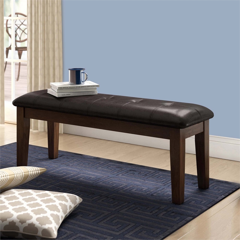 Benjara Button Tufted Faux Leather Upholstered Wooden Bench- Espresso Brown