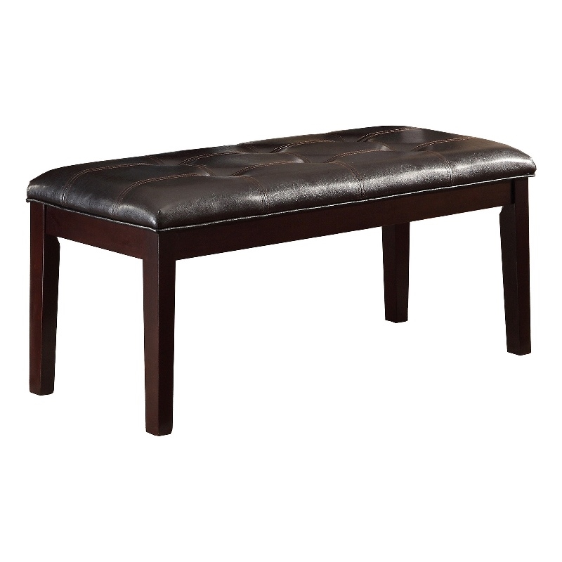 Benjara Button Tufted Faux Leather Upholstered Wooden Bench- Espresso Brown