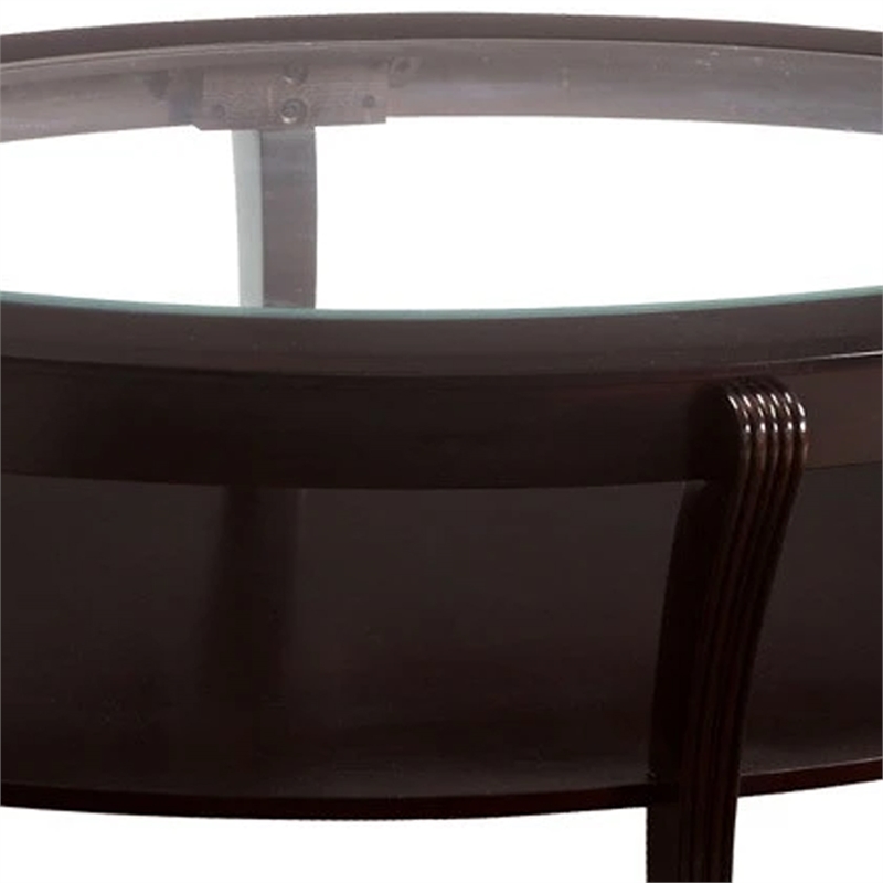 Benjara Oval Wooden Cocktail Table with Glass Insert & Open Shelf-Espresso Brown