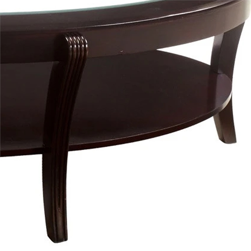 Benjara Oval Wooden Cocktail Table with Glass Insert & Open Shelf-Espresso Brown