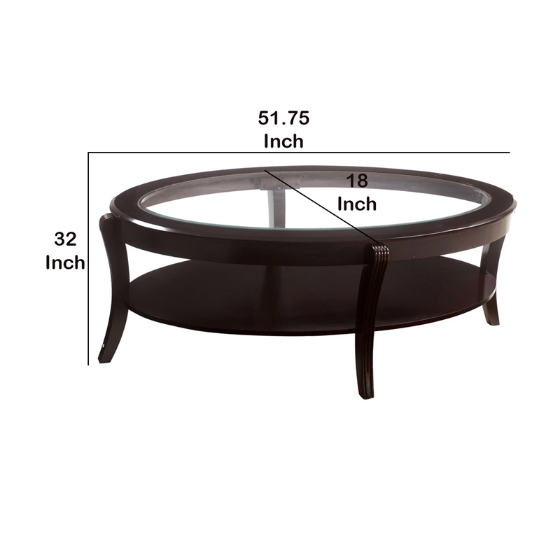 Benjara Oval Wooden Cocktail Table with Glass Insert & Open Shelf-Espresso Brown