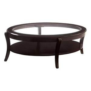 Benjara Oval Wooden Cocktail Table with Glass Insert & Open Shelf-Espresso Brown