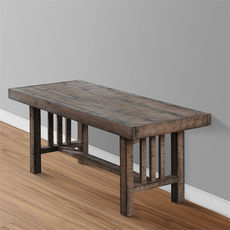Benjara Rectangular Grained Wooden Bench with Slatted Side Panels- Brown