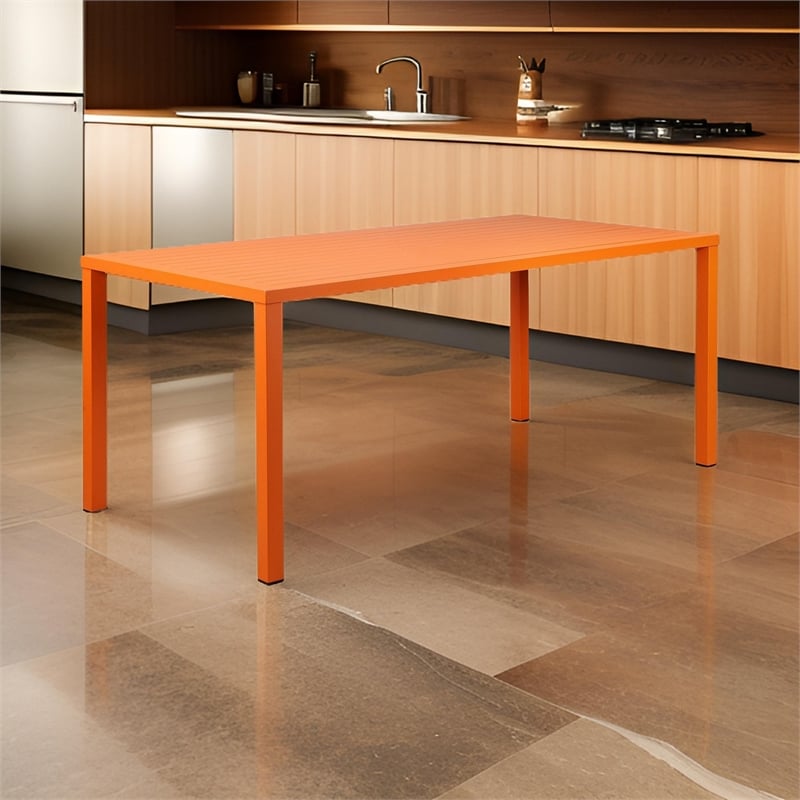 Benjara Slatted Top Metal Dining Table with Straight Legs- Orange