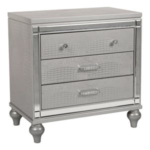 Benjara 3 Drawer Wooden NightStand with Mirror Accents & Faux Crystal Pulls-Gray