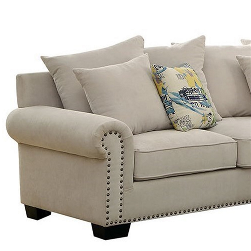 Benjara Nailhead Trim Fabric Upholstered Sectional Sofa w/ Rolled Armrests-Beige