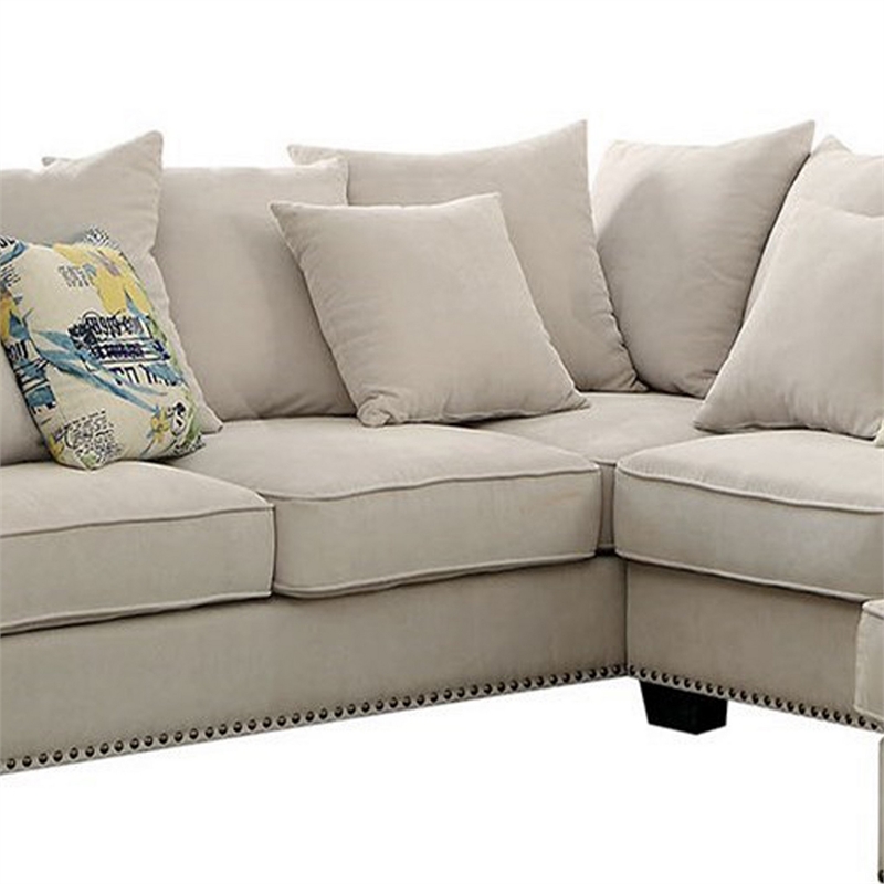 Benjara Nailhead Trim Fabric Upholstered Sectional Sofa w/ Rolled Armrests-Beige