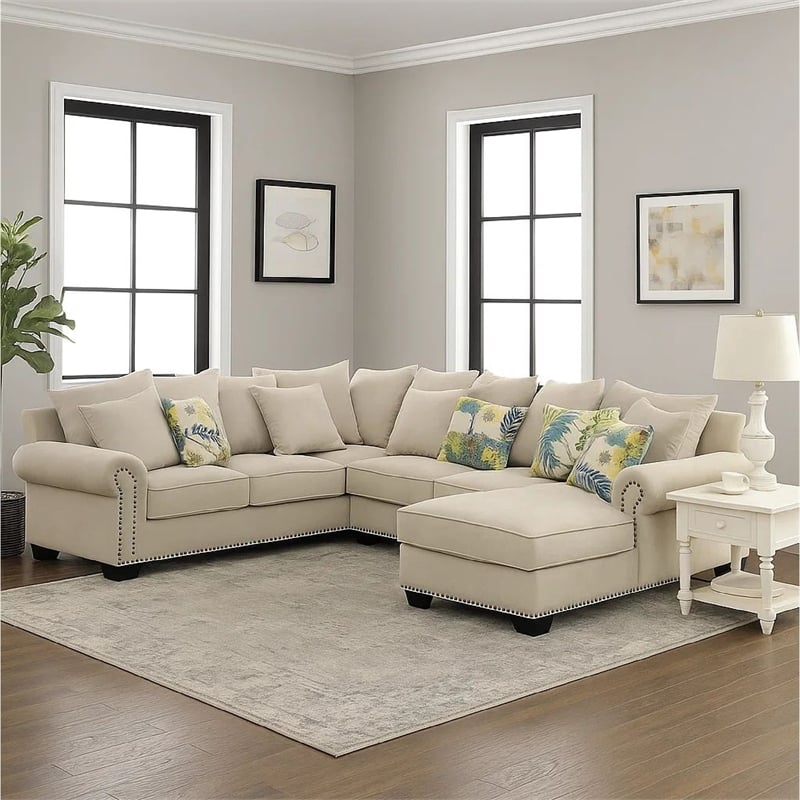 Benjara Nailhead Trim Fabric Upholstered Sectional Sofa w/ Rolled Armrests-Beige