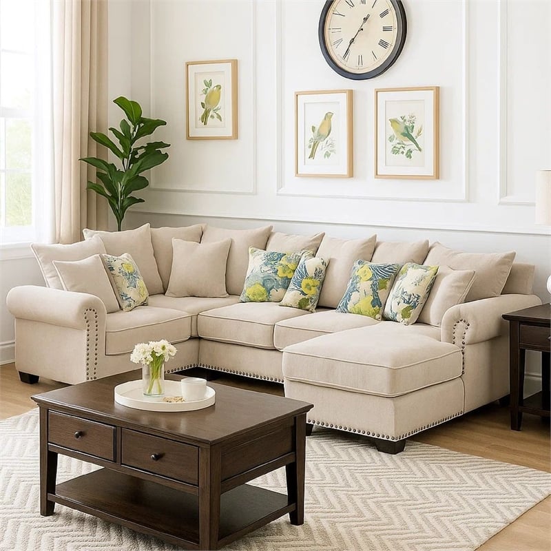 Benjara Nailhead Trim Fabric Upholstered Sectional Sofa w/ Rolled Armrests-Beige