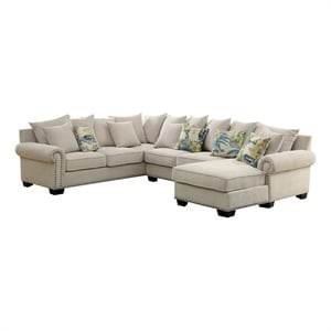 Benjara Nailhead Trim Fabric Upholstered Sectional Sofa w/ Rolled Armrests-Beige