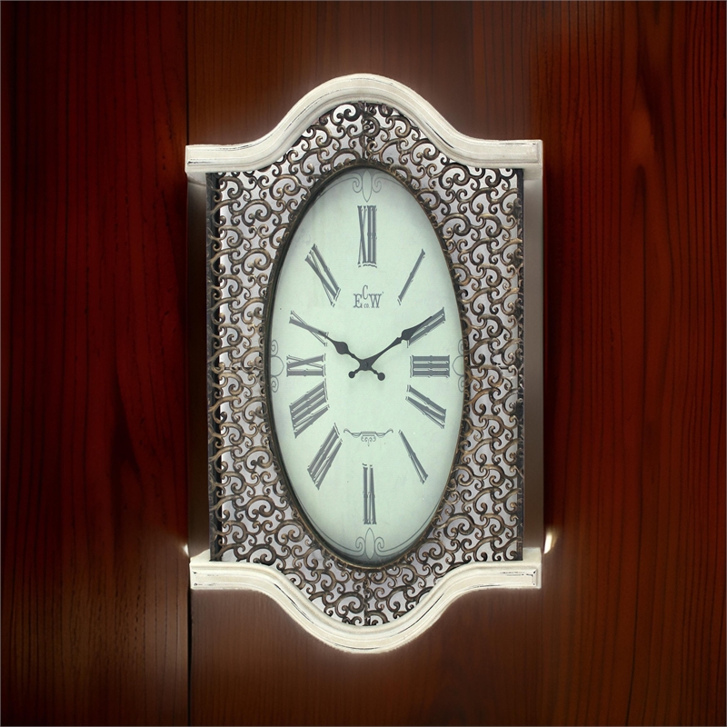 Benjara Wall Clock Set of 2 with Scalloped Wooden Top and Bottom- White