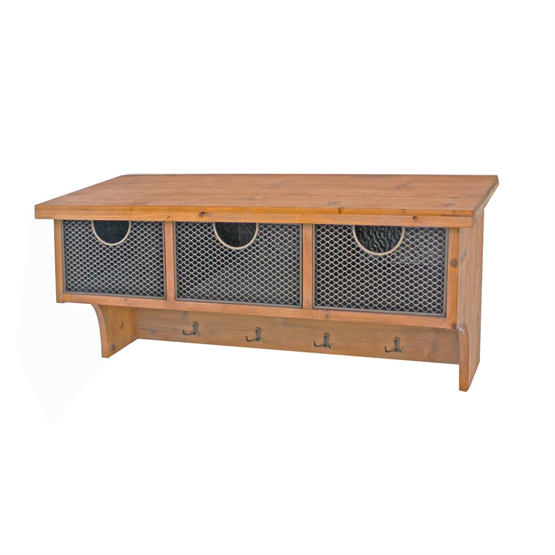 Benjara Wooden Wall Shelf with 4 Hooks and 3 Wire Baskets- Brown