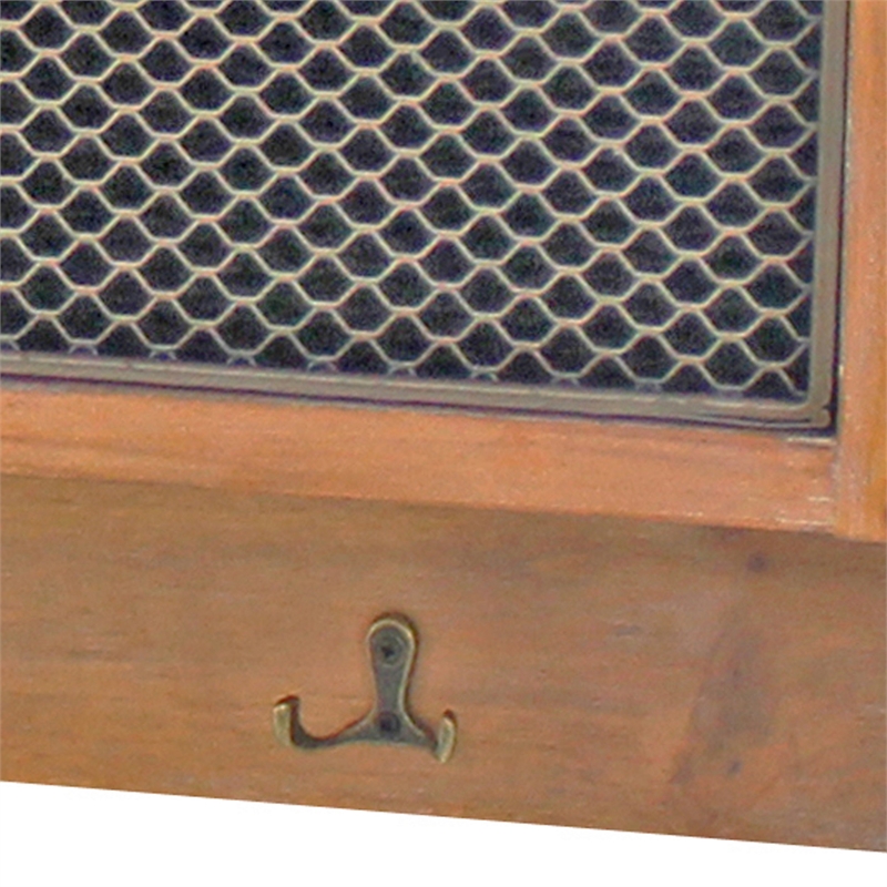 Benjara Wooden Wall Shelf with 4 Hooks and 3 Wire Baskets- Brown