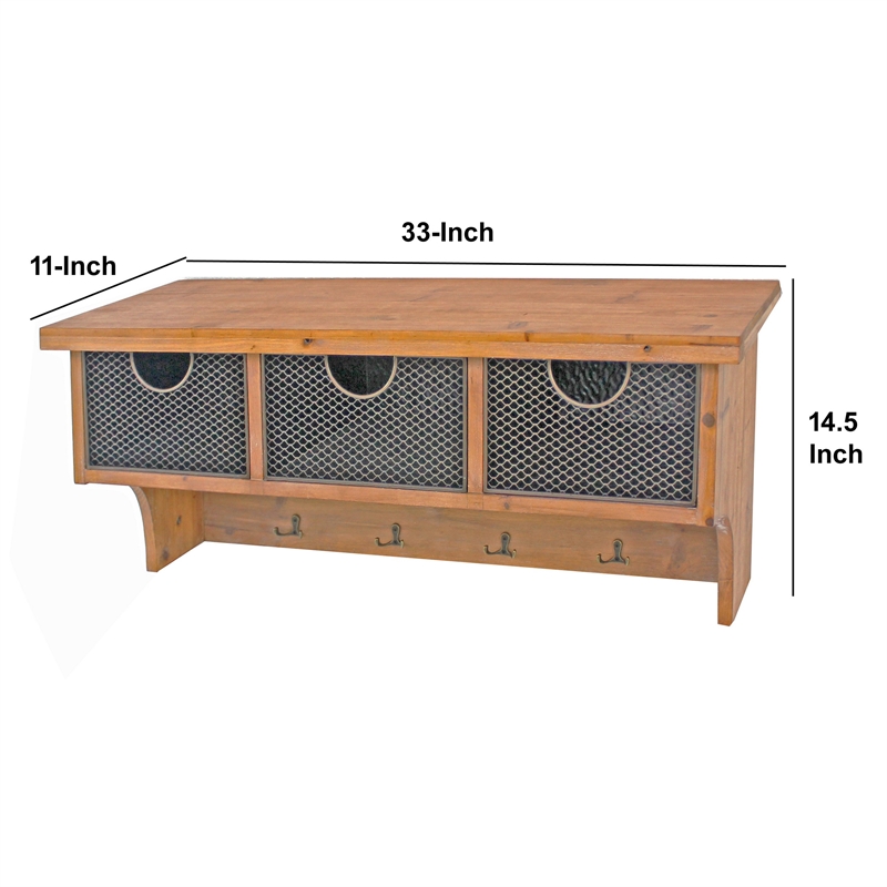 Benjara Wooden Wall Shelf with 4 Hooks and 3 Wire Baskets- Brown