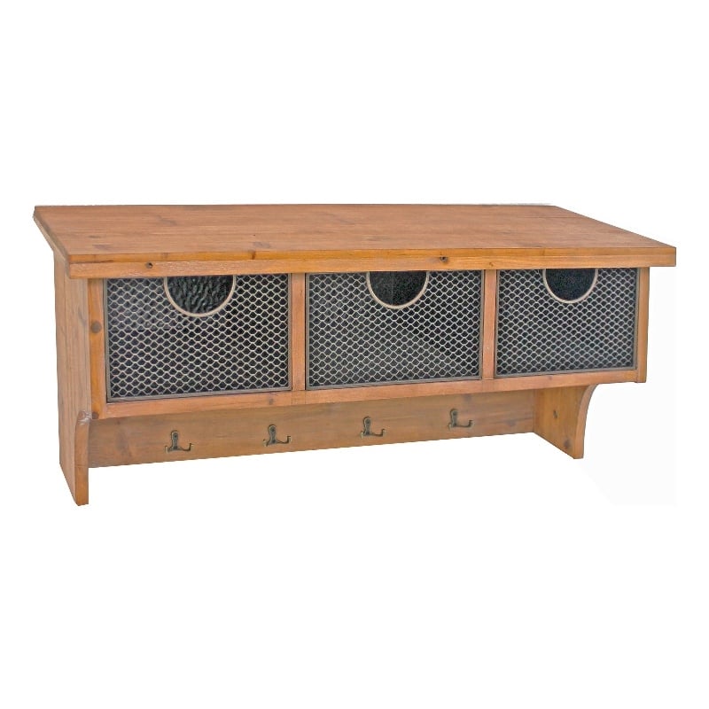 Benjara Wooden Wall Shelf with 4 Hooks and 3 Wire Baskets- Brown