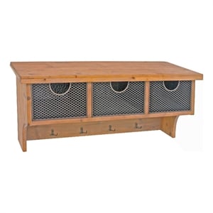 Benjara Wooden Wall Shelf with 4 Hooks and 3 Wire Baskets- Brown