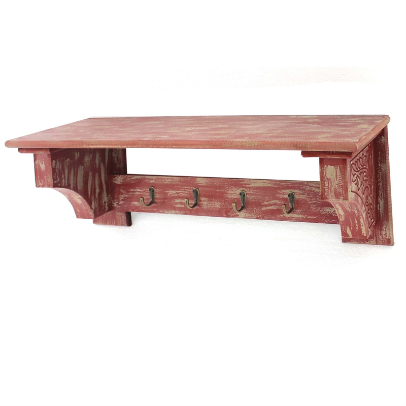 Benjara Wooden Wall Shelf -Distressed Red (Set of 2)
