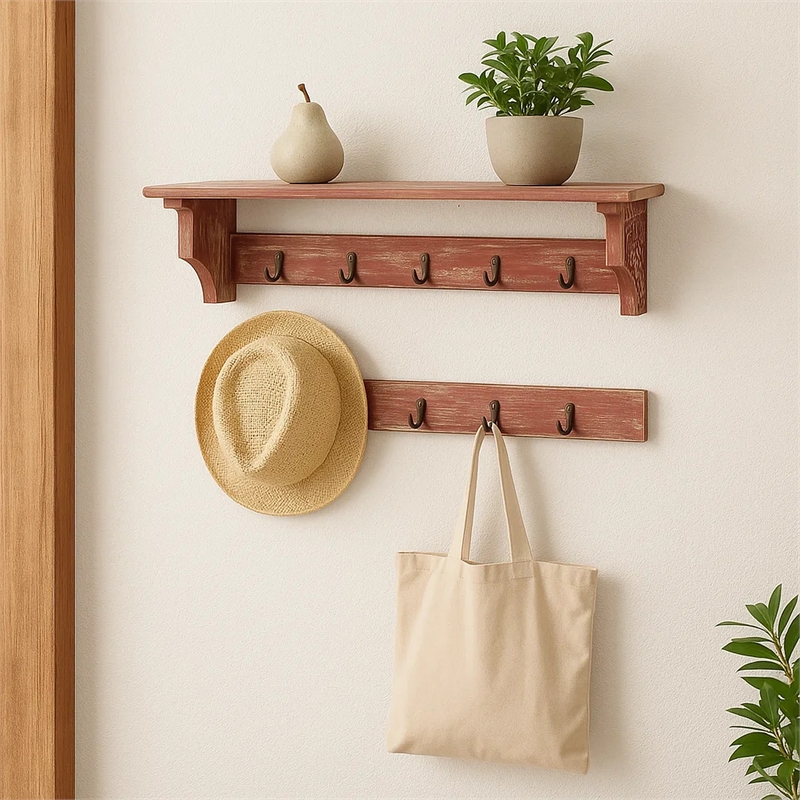 Benjara Wooden Wall Shelf -Distressed Red (Set of 2)