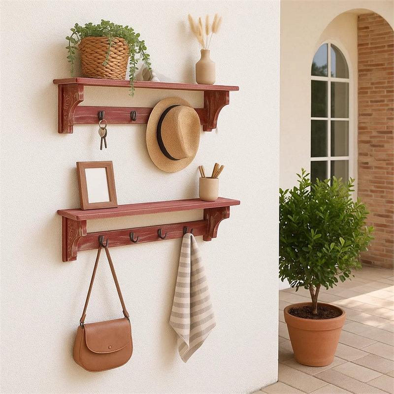 Benjara Wooden Wall Shelf -Distressed Red (Set of 2)