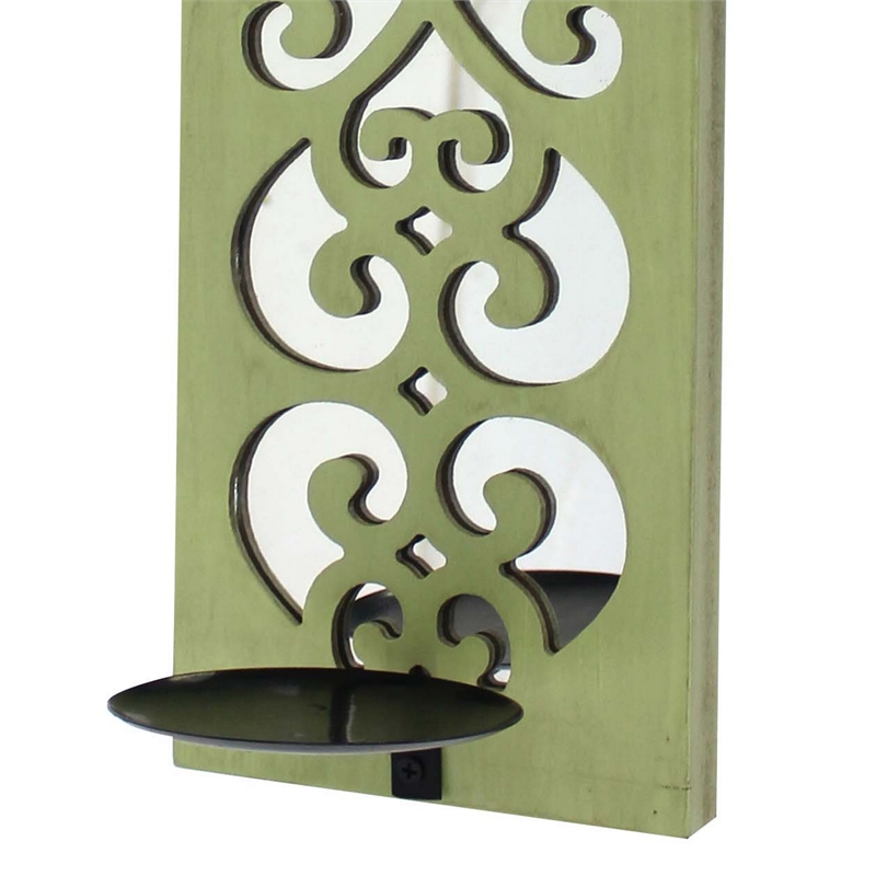 Benjara Quatrefoil Pattern Wooden Candle holder - Set of 2 - Green