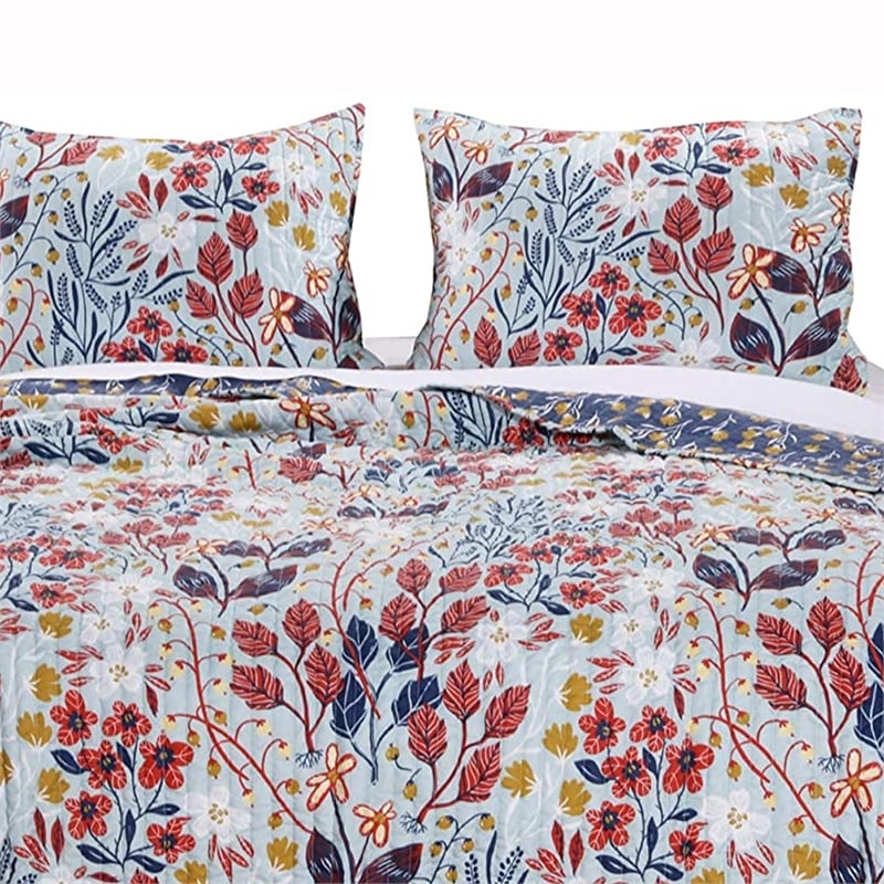Benjara King Size 3 Piece Polyester Quilt Set with Floral Prints- Multicolor