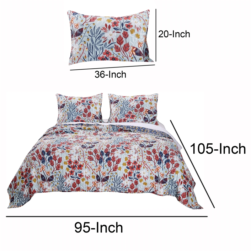 Benjara King Size 3 Piece Polyester Quilt Set with Floral Prints- Multicolor