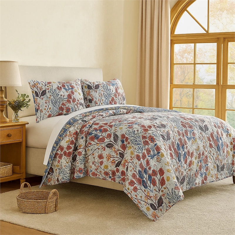 Benjara King Size 3 Piece Polyester Quilt Set with Floral Prints- Multicolor