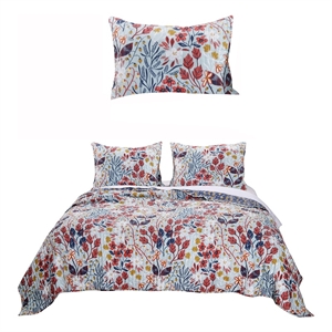 Benjara King Size 3 Piece Polyester Quilt Set with Floral Prints- Multicolor