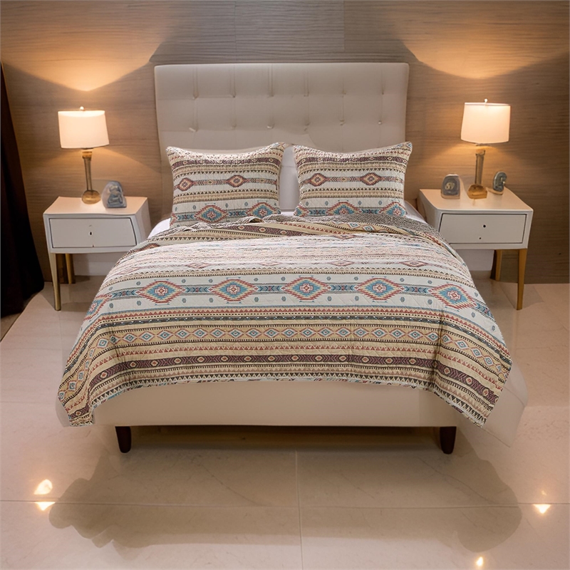 Benjara Full Size 3 Piece Polyester Quilt Set with Kilim Pattern- Multicolor