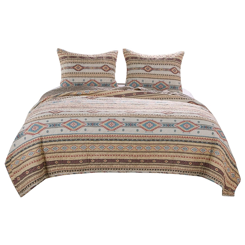 Benjara King Size 3 Piece Polyester Quilt Set with Kilim Pattern- Multicolor