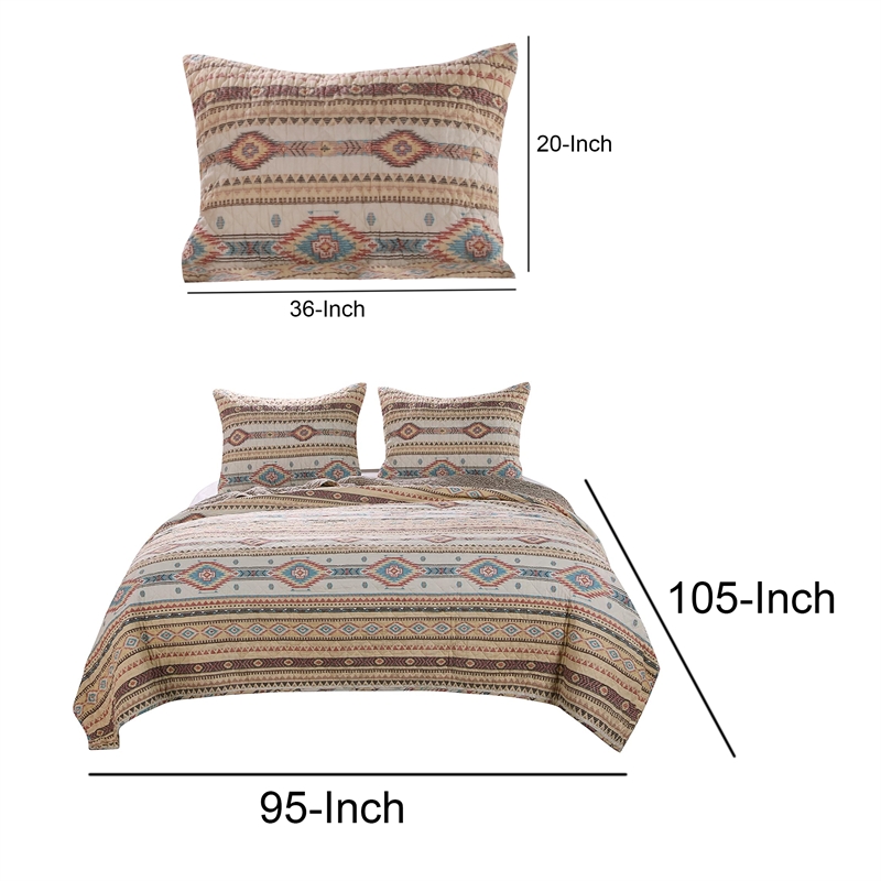 Benjara King Size 3 Piece Polyester Quilt Set with Kilim Pattern- Multicolor