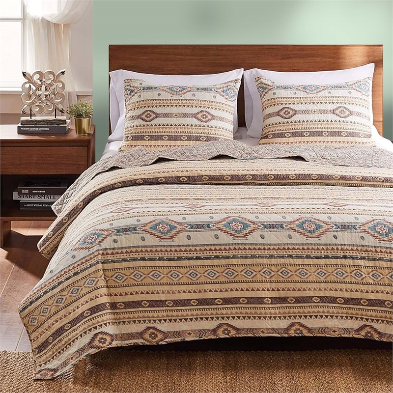 Benjara King Size 3 Piece Polyester Quilt Set with Kilim Pattern- Multicolor