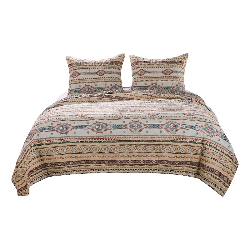Benjara King Size 3 Piece Polyester Quilt Set with Kilim Pattern- Multicolor