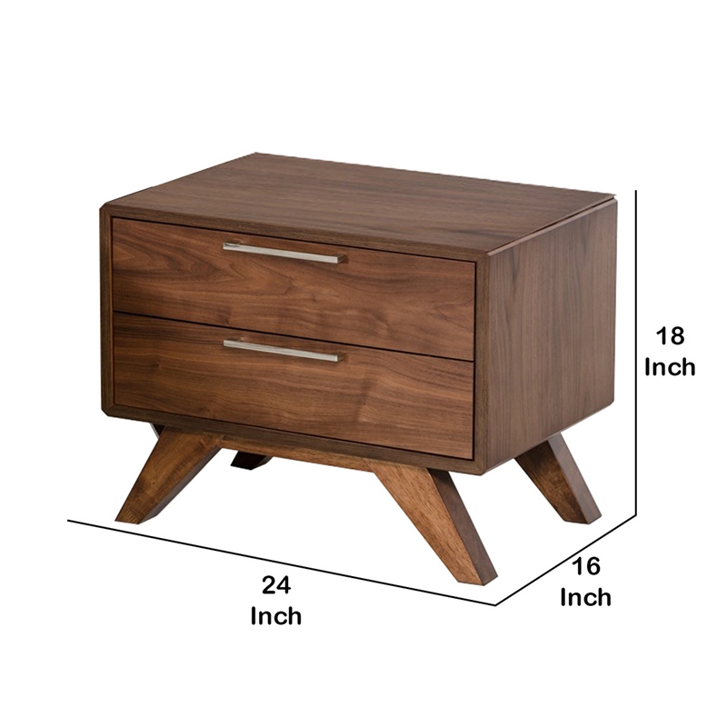 Benjara 2 Drawer Wooden Nightstand with Metal Bar Handles and Angled Legs- Brown