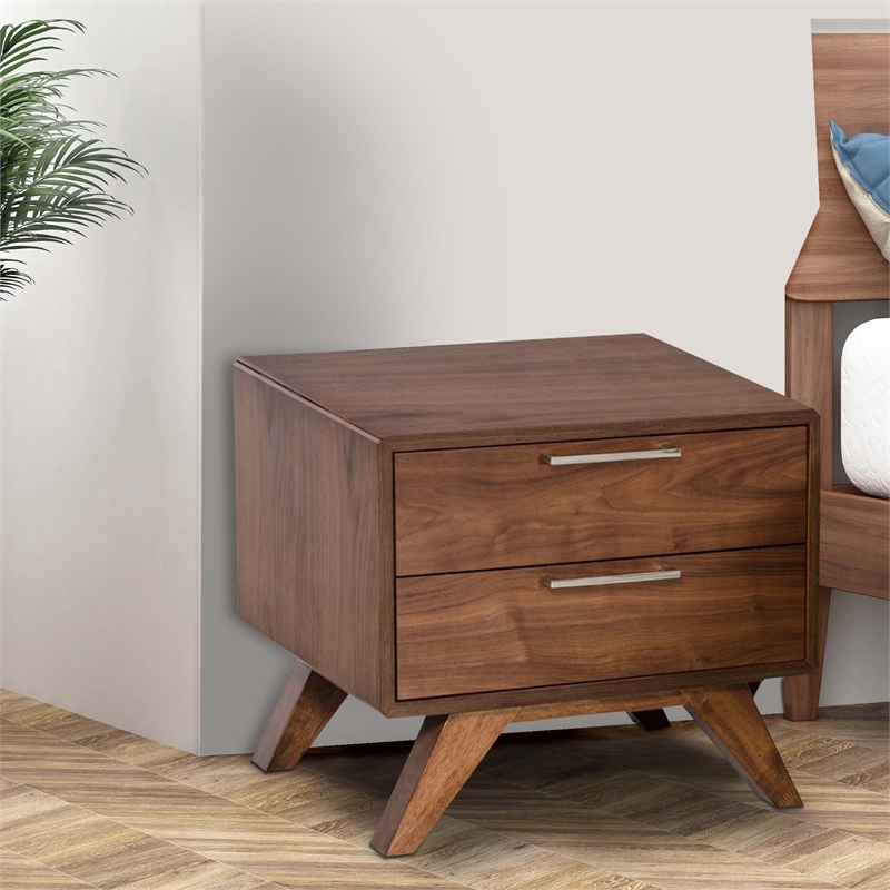 Benjara 2 Drawer Wooden Nightstand with Metal Bar Handles and Angled Legs- Brown