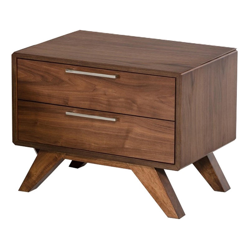 Benjara 2 Drawer Wooden Nightstand with Metal Bar Handles and Angled Legs- Brown