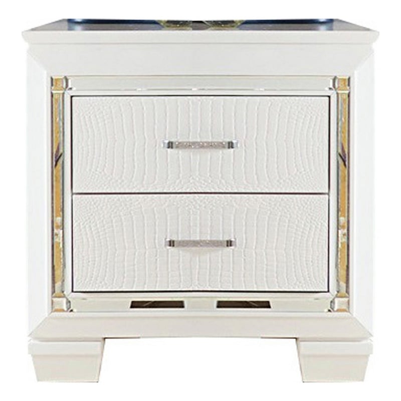 Benjara Contemporary Wooden Nightstand with 2 drawers and LED Lighting- White