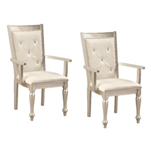 Benjara Wooden Set of 2 Arm Chairs w/ Crystal Tufted Leatherette Backrest-Silver