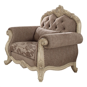 Benjara Scrolled Crown Top Fabric Chair with Cabriole Legs- Gray and White