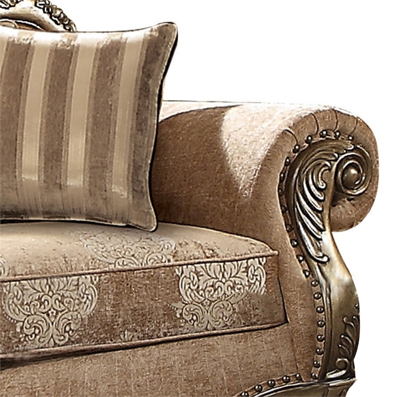 Benjara Scrolled Crown Top Fabric Loveseat with Cabriole Legs- Beige and Brass