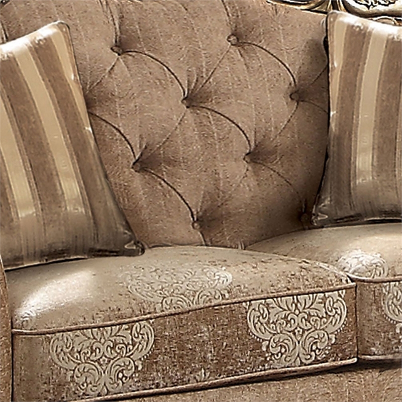 Benjara Scrolled Crown Top Fabric Loveseat with Cabriole Legs- Beige and Brass