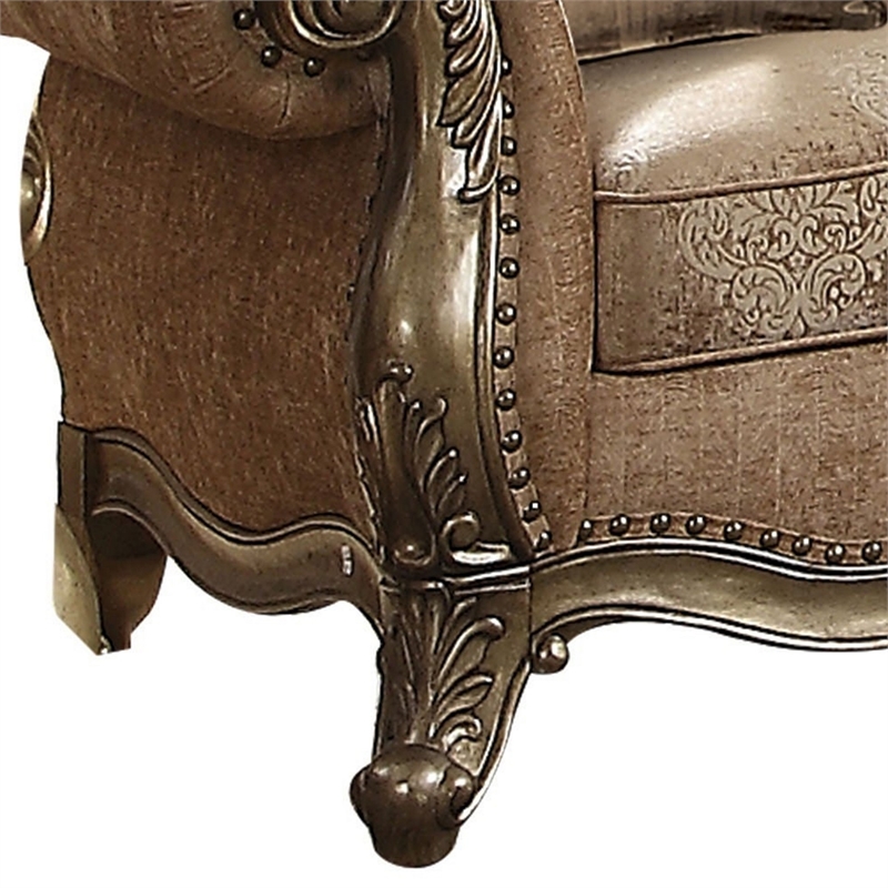 Benjara Scrolled Crown Top Fabric Loveseat with Cabriole Legs- Beige and Brass