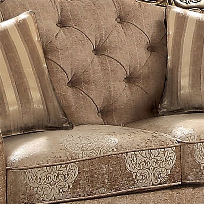 Benjara Scrolled Crown Top Fabric Loveseat with Cabriole Legs- Beige and Brass
