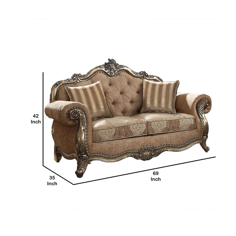 Benjara Scrolled Crown Top Fabric Loveseat with Cabriole Legs- Beige and Brass