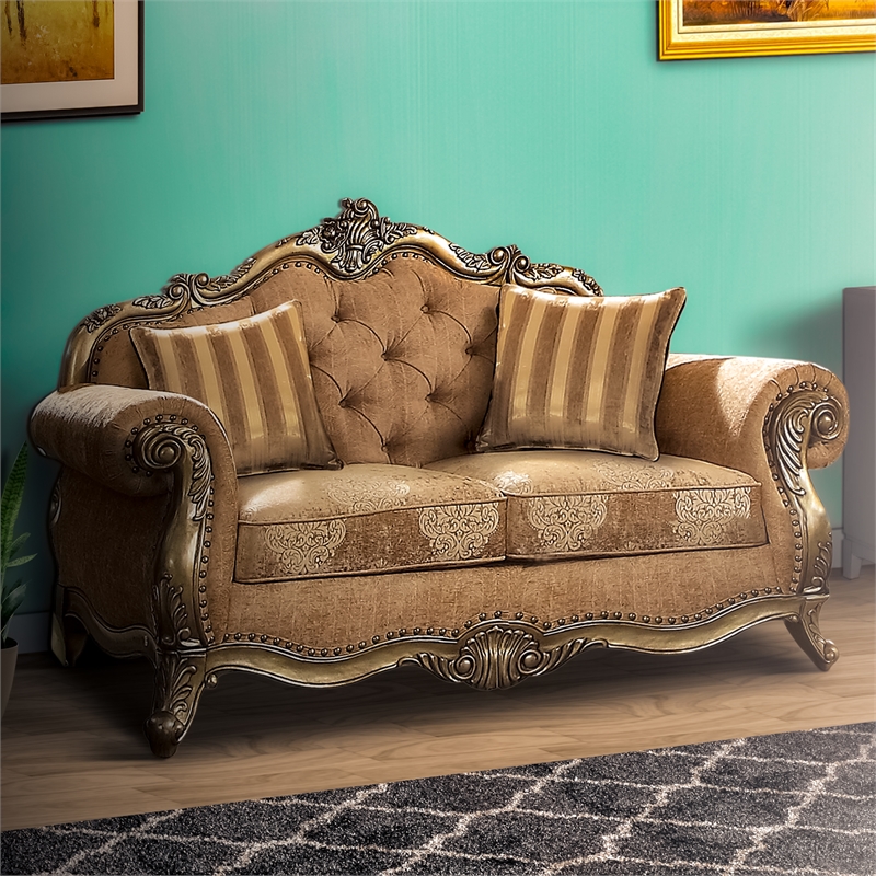 Benjara Scrolled Crown Top Fabric Loveseat with Cabriole Legs- Beige and Brass