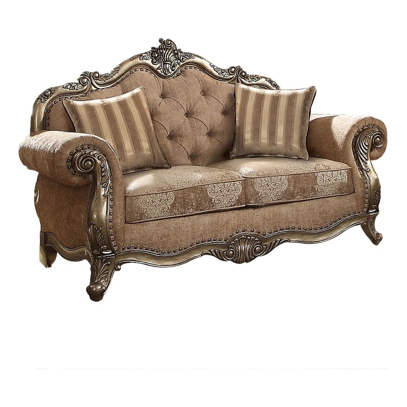 Benjara Scrolled Crown Top Fabric Loveseat with Cabriole Legs- Beige and Brass